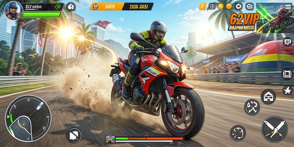 Tampilan gameplay 62VIP yang menegangkan saat balapan motor.