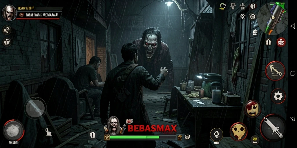 Tangkapan layar atmosfera menyeramkan dari gameplay BEBASMAX.