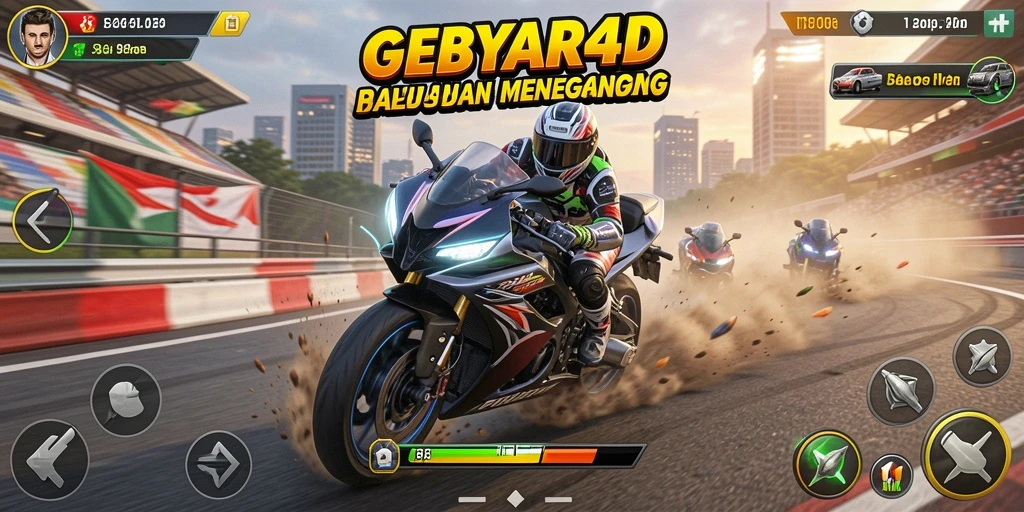 Screenshot gameplay GEBYAR4D menampilkan aksi balapan motor yang mendebarkan.