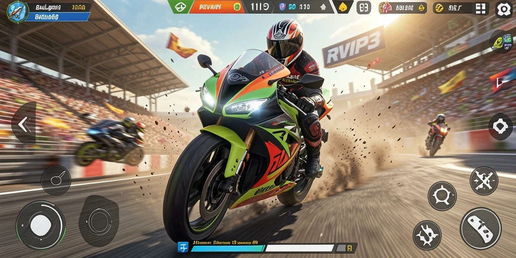 Tampilan gameplay seru RVIP3 saat balapan motor.