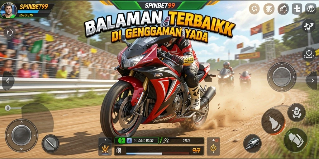 Tampilan gameplay SPINBET99 dengan balapan motor yang mendebarkan.