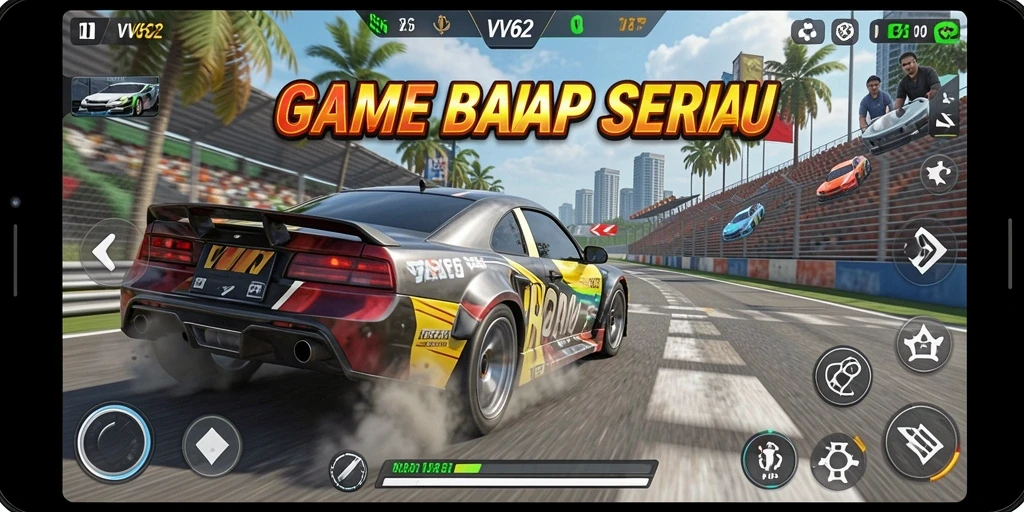 Tampilan seru dari gameplay balap di VV62 dengan mobil berkualitas tinggi.